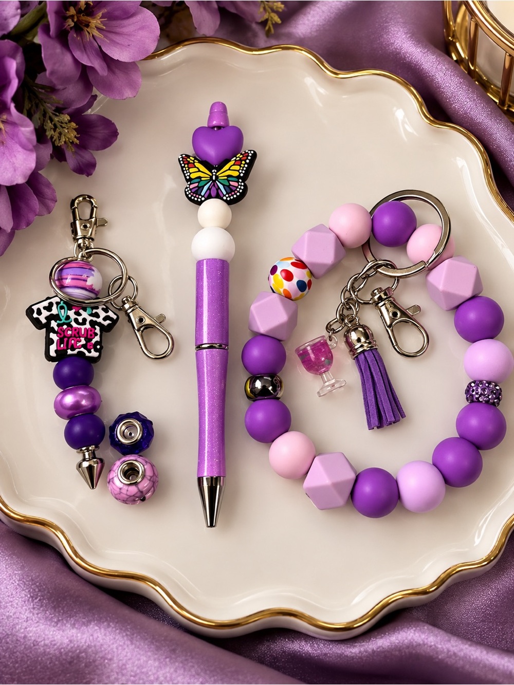 Purple Beaded Key & Card Holder Set with Butterfly Pen